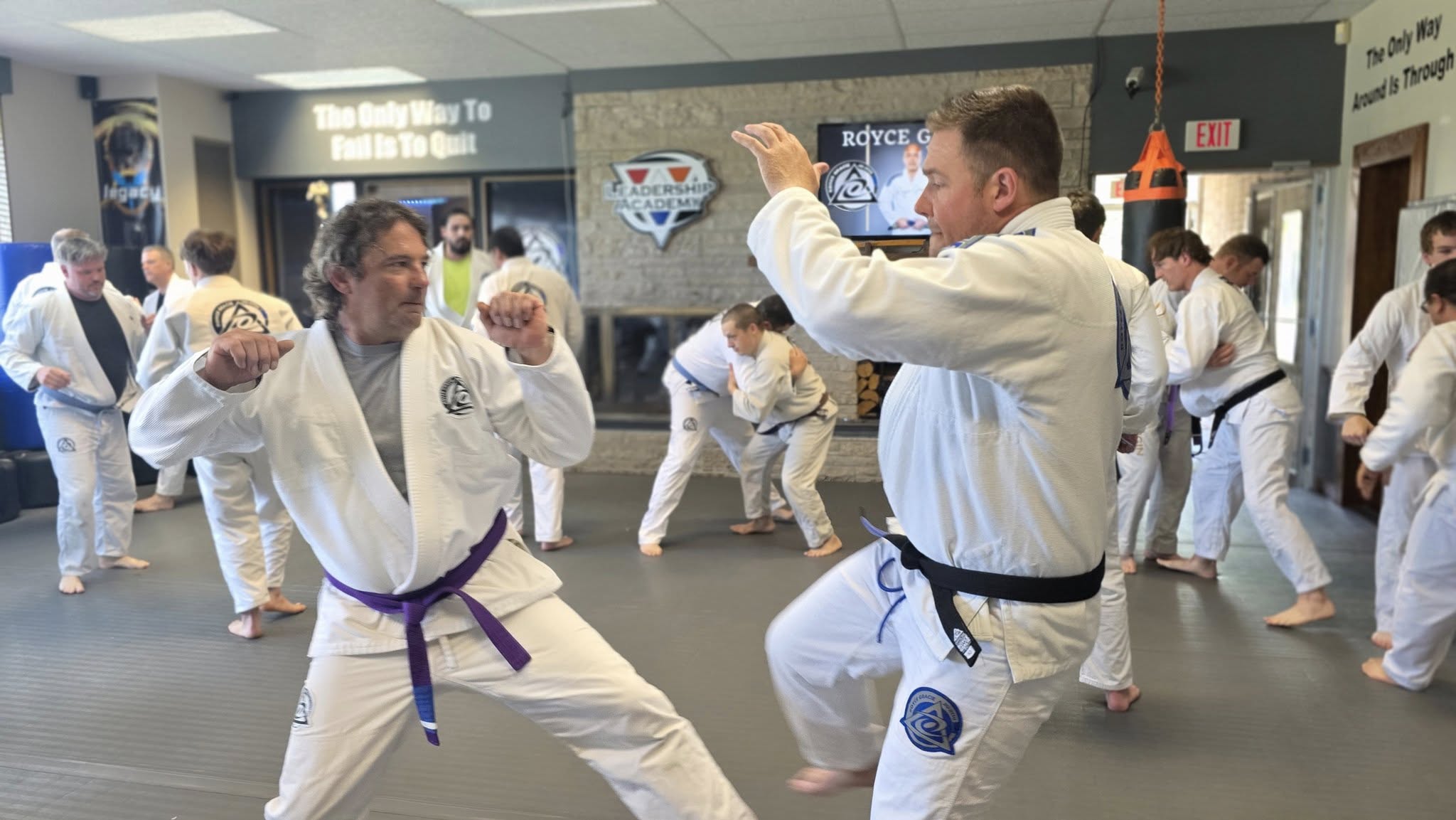 Adult Royce Gracie Jiu-Jitsu students training at Leadership Academy
