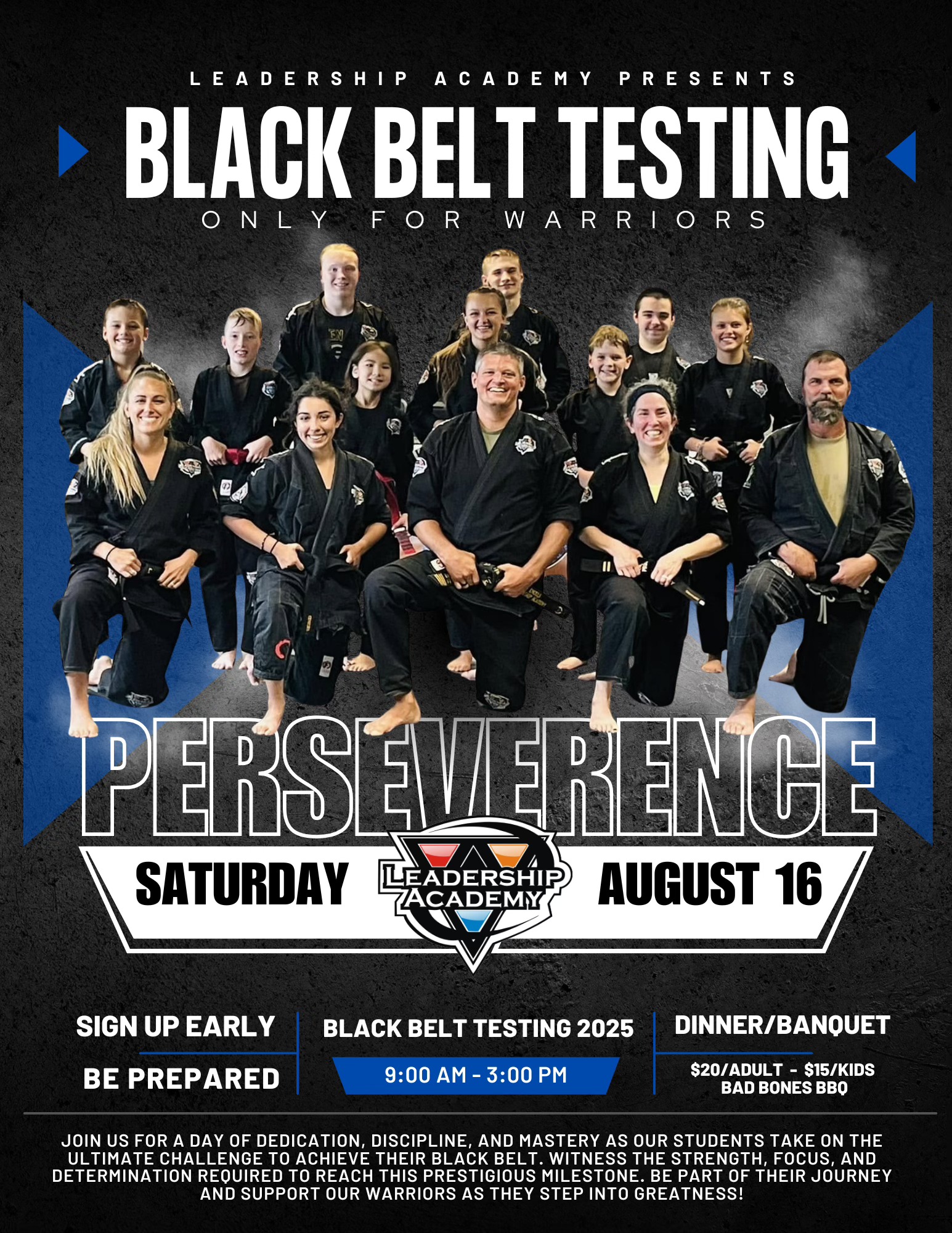 Black Belt testing group in uniform