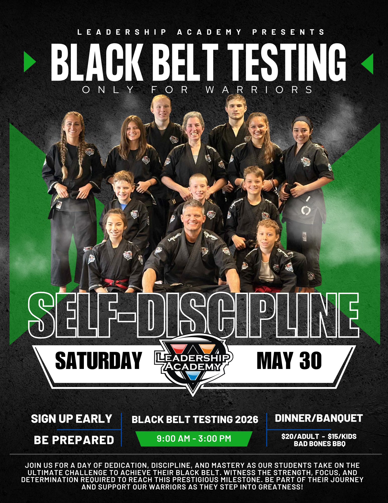 Leadership Academy Black Belt testing team standing together