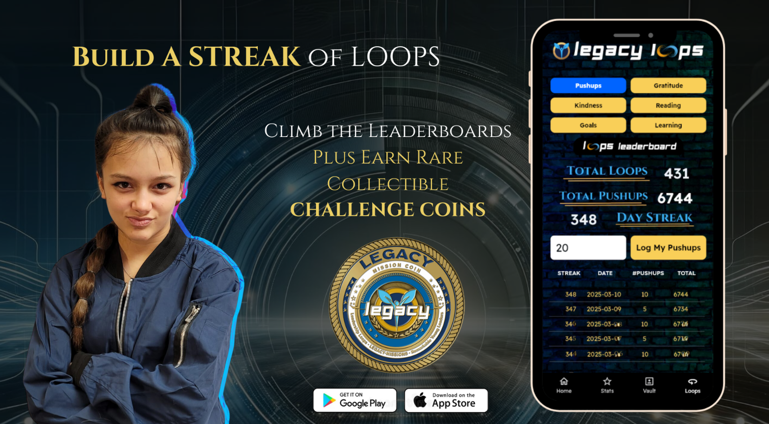 Student building a LEGACY Loops streak in the app