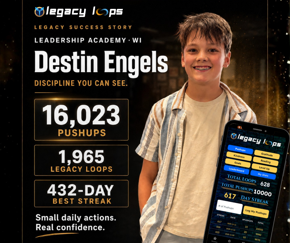 Destin Engels LEGACY case study showing discipline, pushups, loops, and best streak