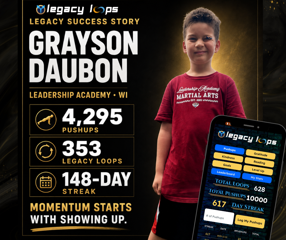 Grayson Daubon LEGACY case study showing pushups, loops, and streak