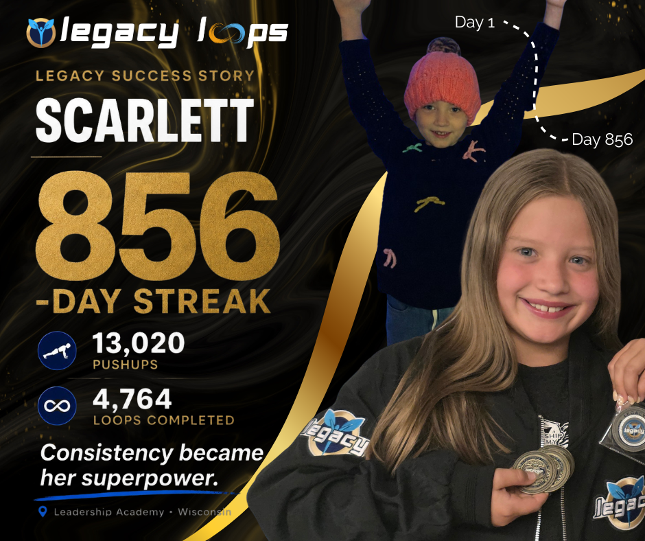 Scarlett LEGACY case study showing an 856-day streak, pushups, and Legacy Loops completed