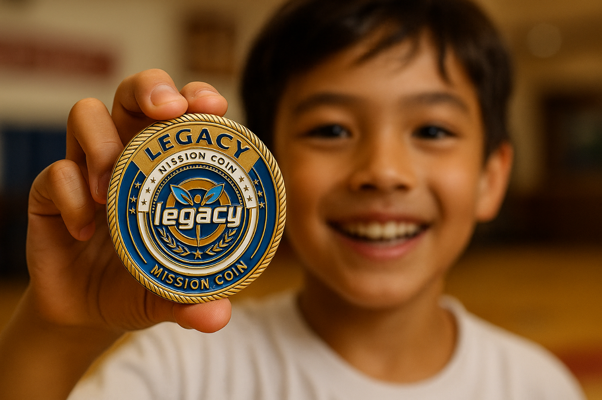 Student holding a LEGACY Mission Coin