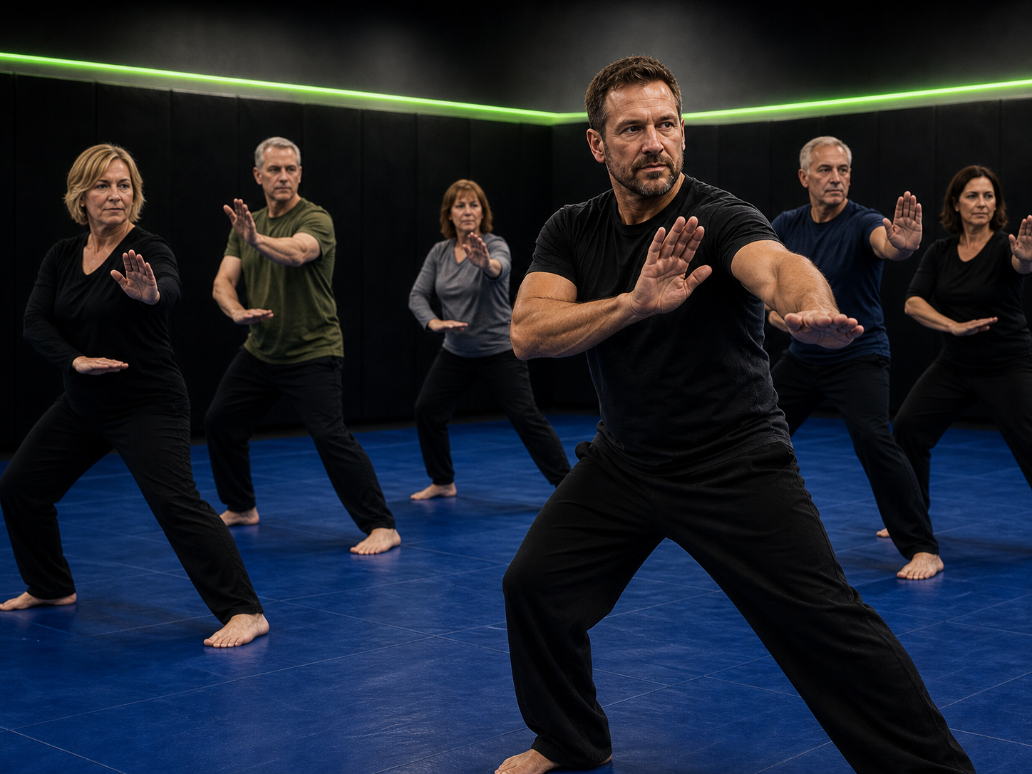 Adults practicing Tai Chi-inspired mobility and balance at Leadership Academy