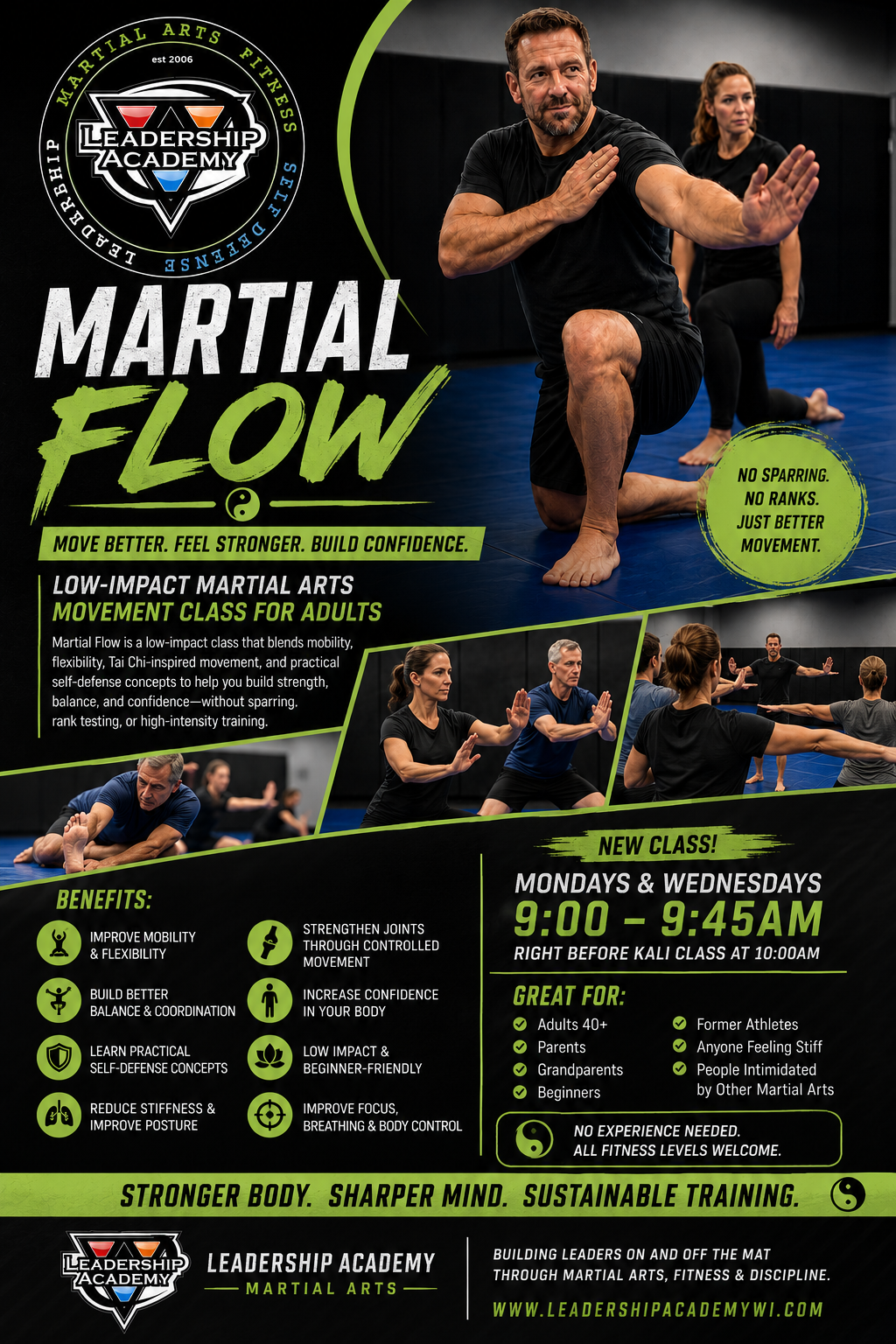 Martial Flow black and lime class flyer for Leadership Academy