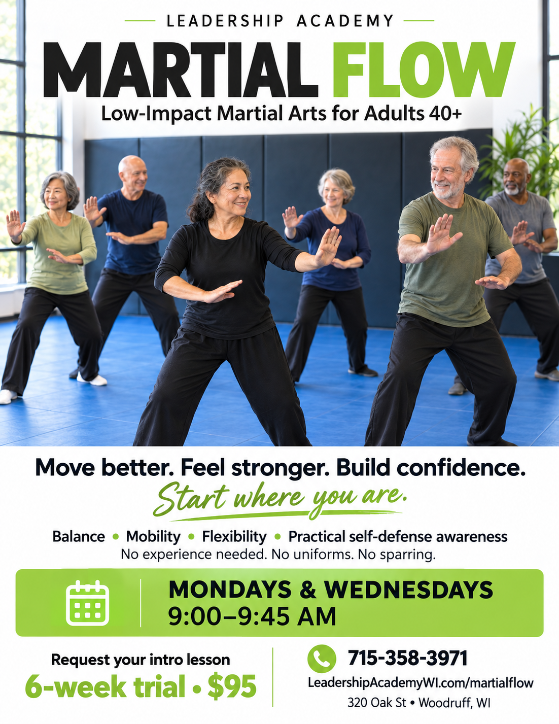 Martial Flow flyer featuring a welcoming class for adults 40 and older
