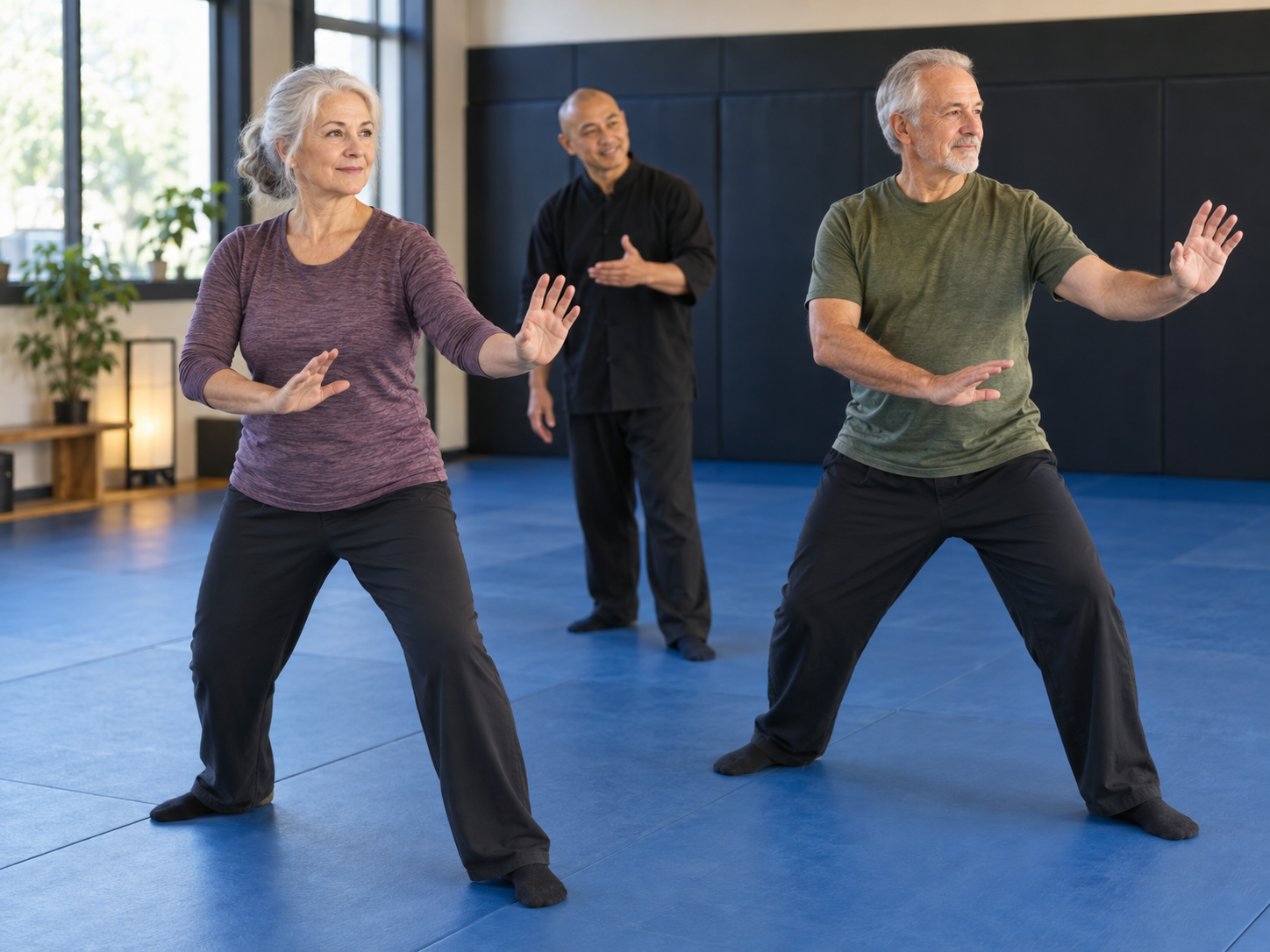 Adults practicing relaxed open-hand martial movement and awareness