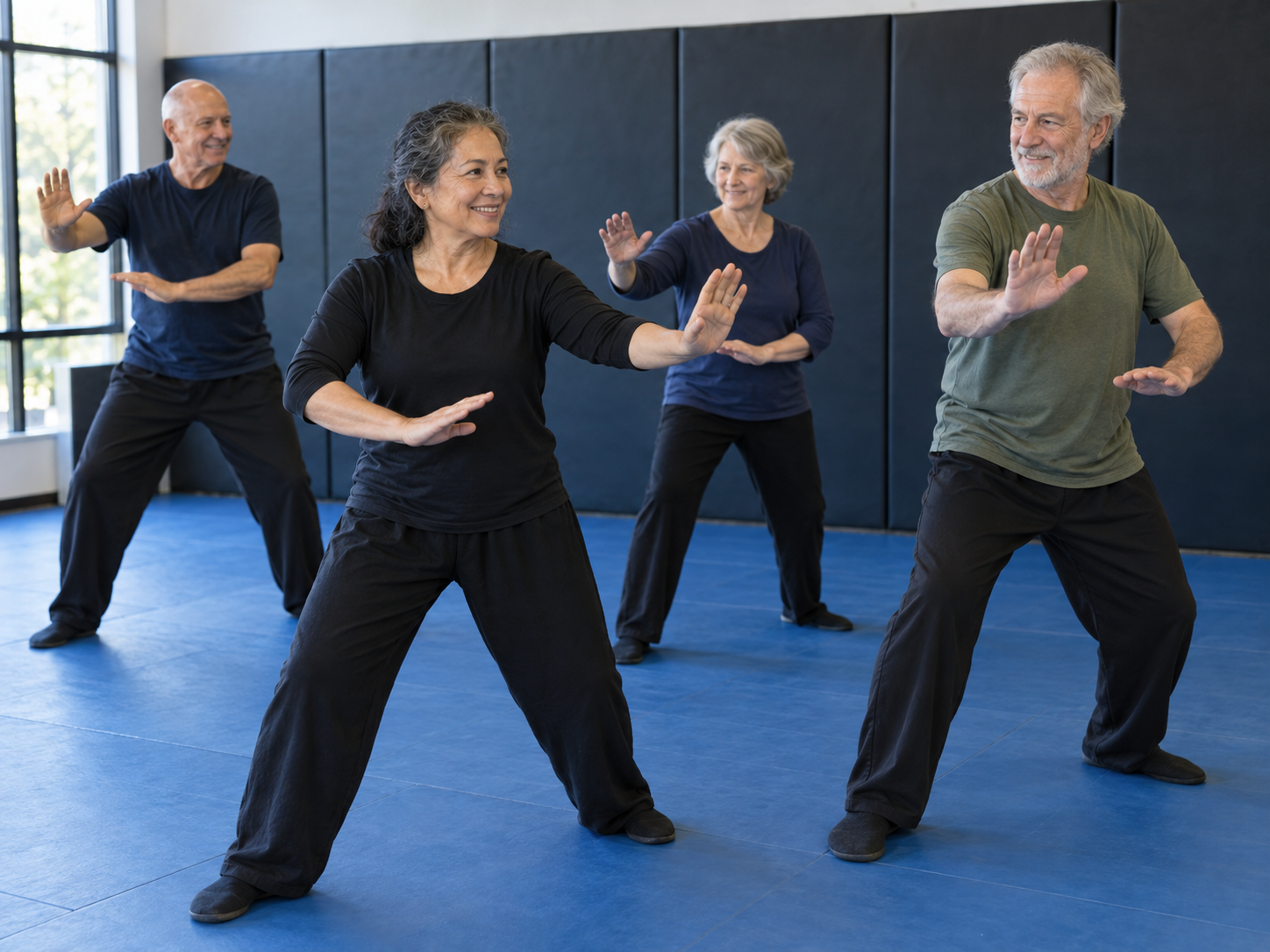 Adults 40 and older practicing Tai Chi-inspired mobility and balance at Leadership Academy