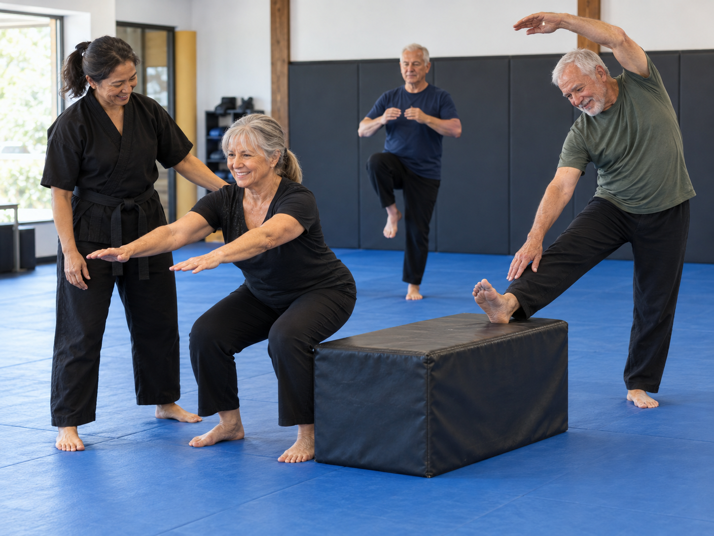 Adults practicing supported low-impact strength, balance, and flexibility work