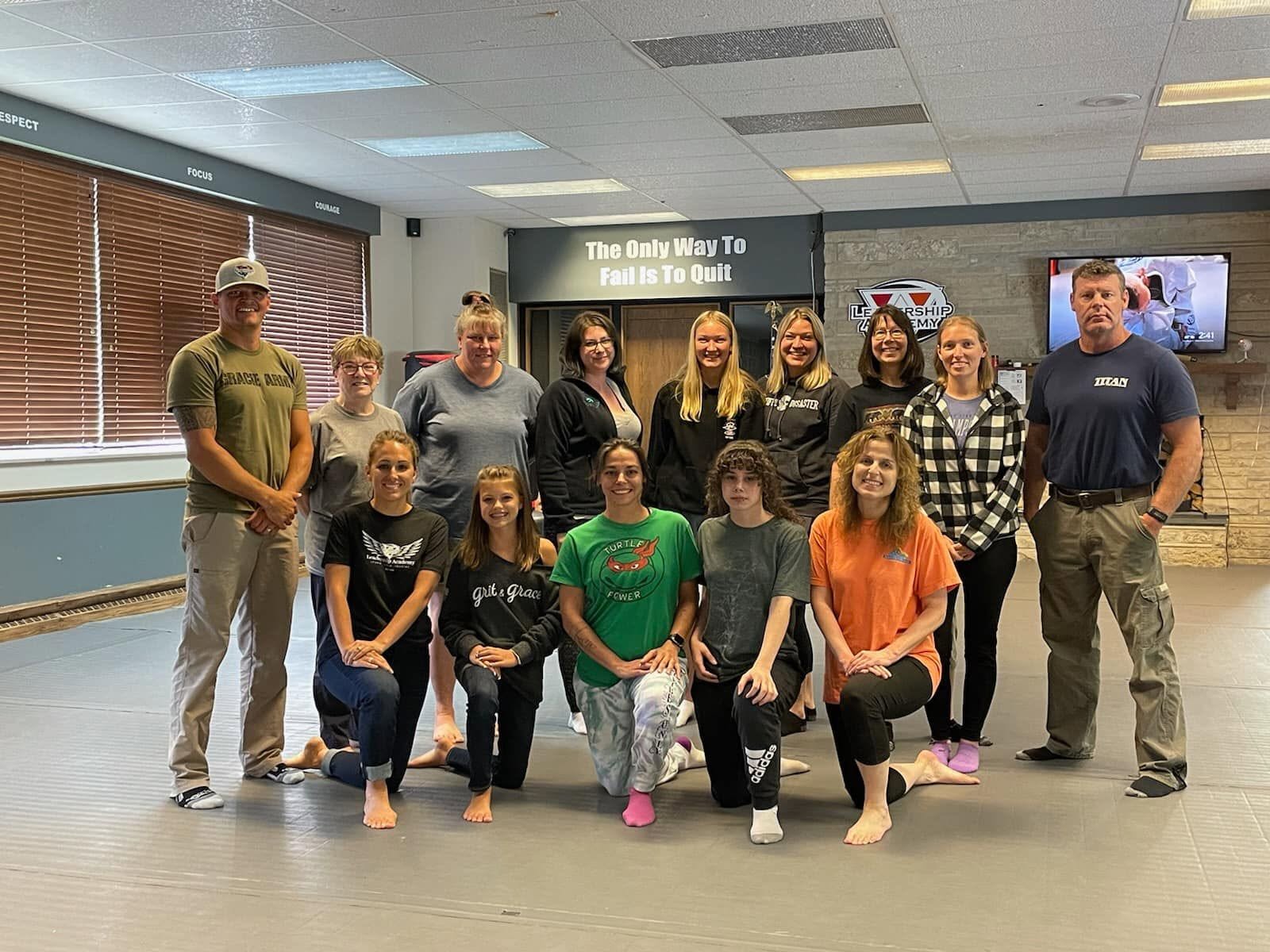 Women’s empowerment self-defense group photo at Leadership Academy